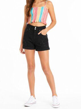 Vanilla Star Super High Rise Tapered Leg Distressed Black Denim Mom Shorts